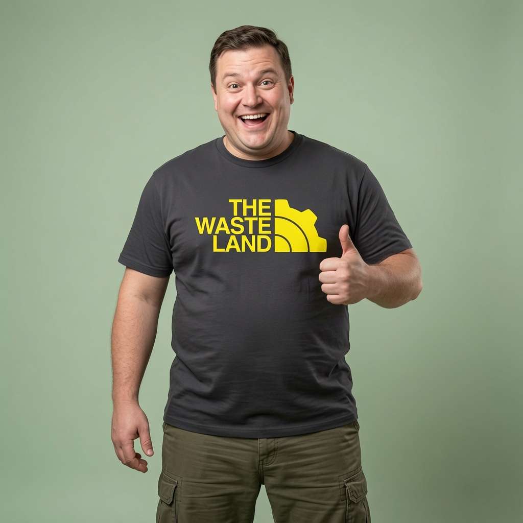 Man smiling and giving a thumbs-up in a black The Wasteland t-shirt, mens raider gamer tee that every cheeky lad will claim