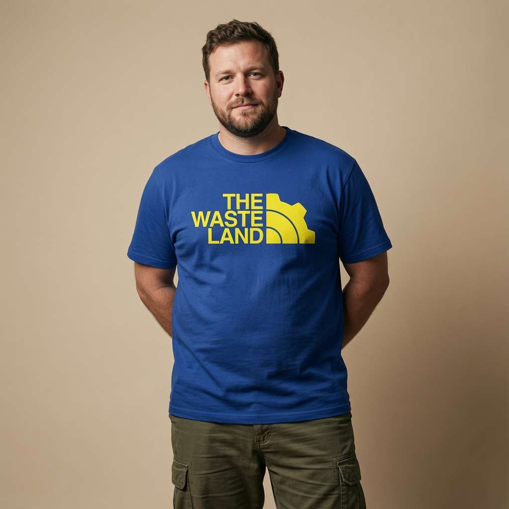 Man standing with hands behind his back while wearing a blue The Wasteland t-shirt with a North Face-style gear logo, mens gamer vault design