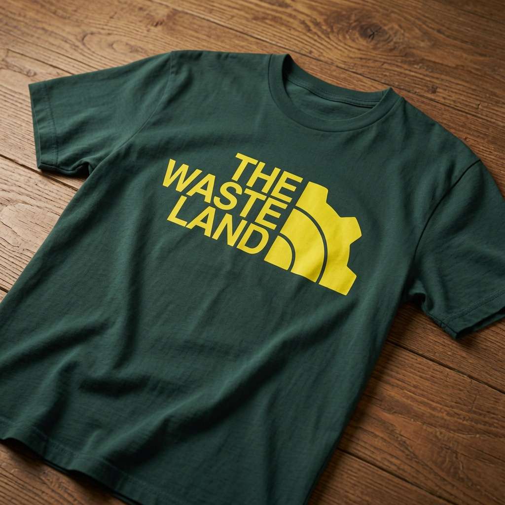 Glazed green The Wasteland t-shirt laid flat on a wooden surface showing the full yellow logo, vault tee full of pure attitude