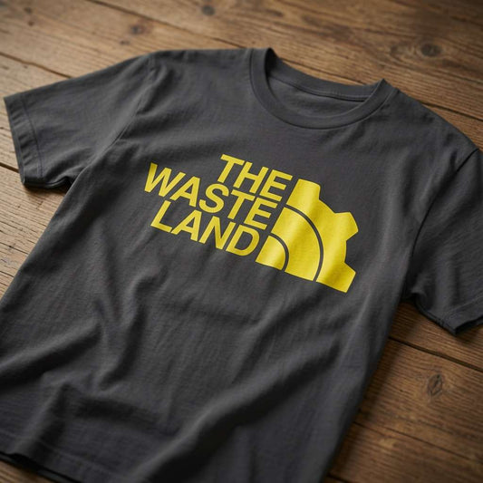 Black The Wasteland t-shirt laid flat on a wooden surface showing the full yellow logo, gamer shirt that every no-nonsense lady will claim