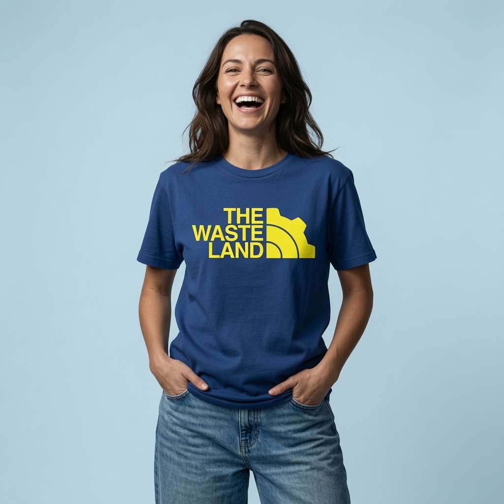 Woman laughing with hands in her pockets in a worker blue The Wasteland t-shirt, vault shirt full of pure attitude