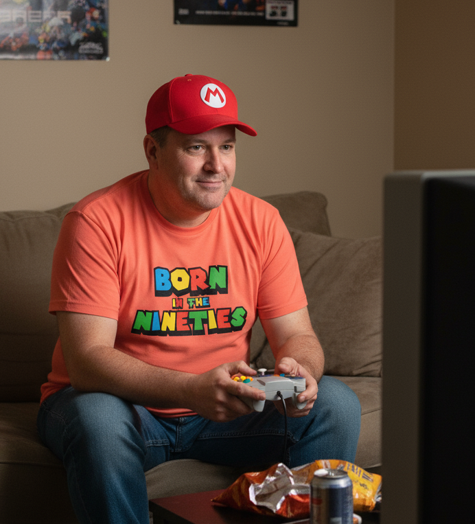 Man wearing a red cap and orange 90's birthday t shirt with 'Born in the Nineties' text, sitting on a couch playing video games.
