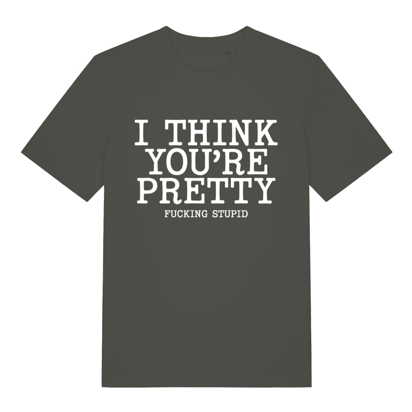 Khaki Think You’re Pretty funny rude slogan t-shirt showing bold offensive text design  