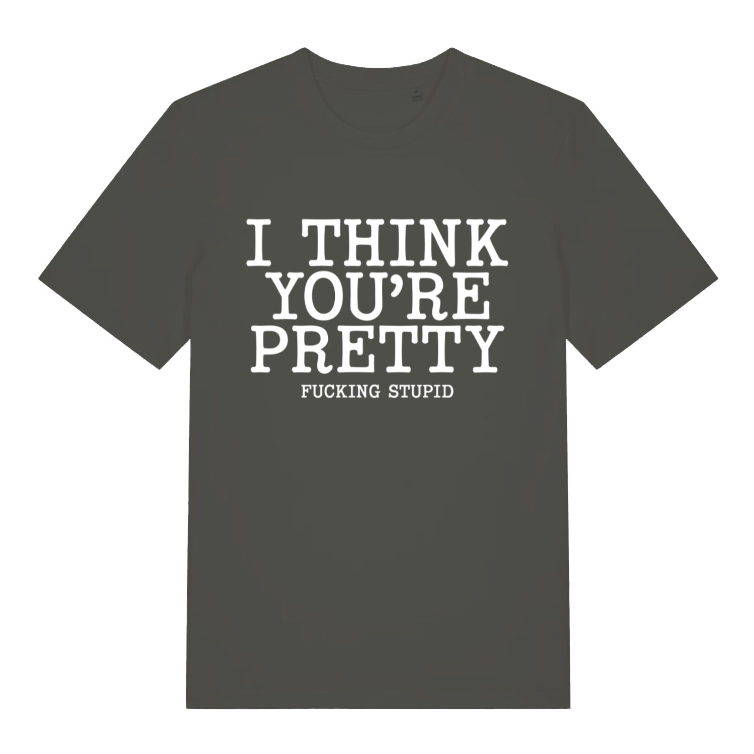 Khaki Think You’re Pretty funny rude slogan t-shirt showing bold offensive text design  