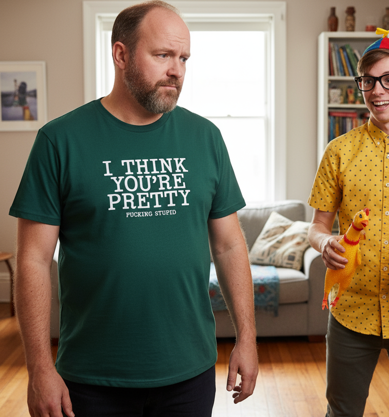 Man wearing a green funny slogan t-shirt with a humorous message in a casual indoor setting.