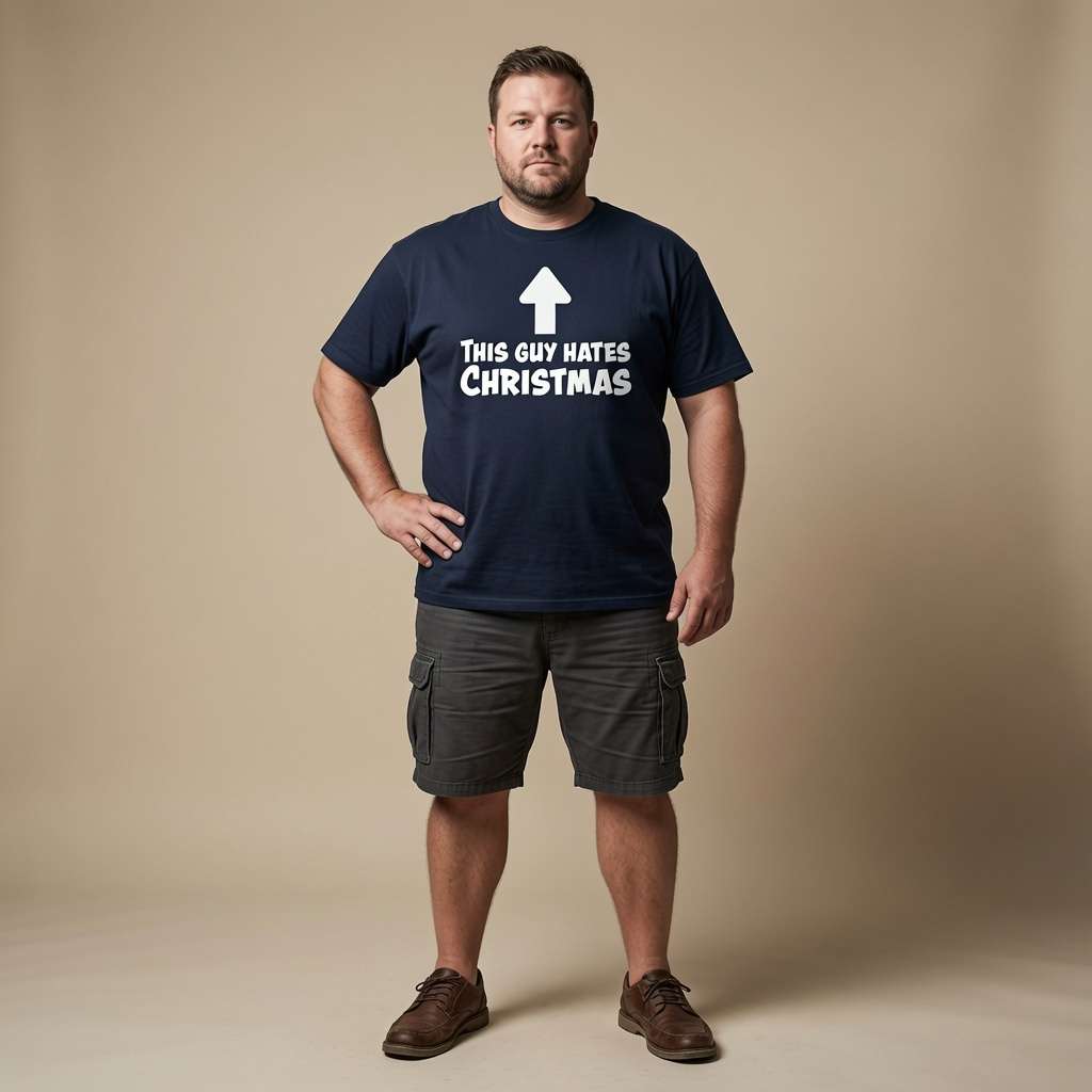 Man standing with one hand on his hip while wearing a navy This Guy Hates Christmas t-shirt with a white arrow pointing up, mens witty and relatable Christmas day statement design