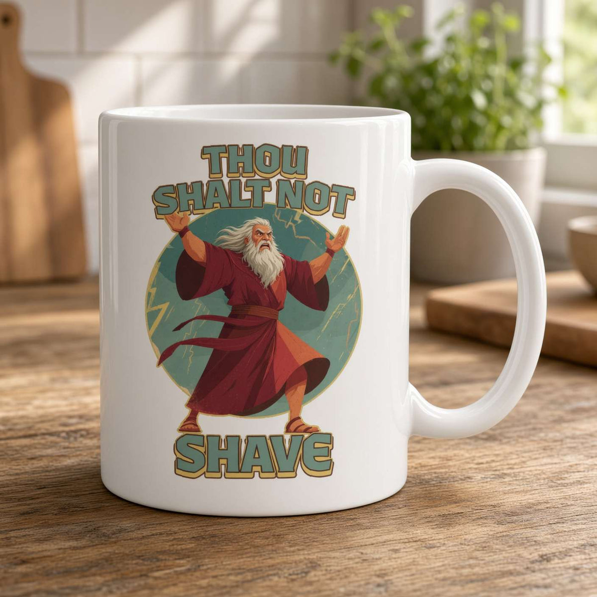 White ceramic mug on a wooden kitchen counter, printed with a cartoon bearded prophet raising his arms and the slogan “Thou shalt not shave”; playful, humorous tone.