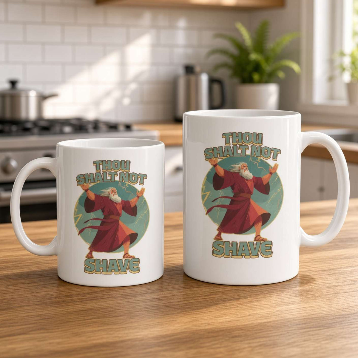 Two white mugs of different sizes on a wooden kitchen counter feature a humorous wizard graphic and the words “Thou shalt not shave,” creating a playful tone.