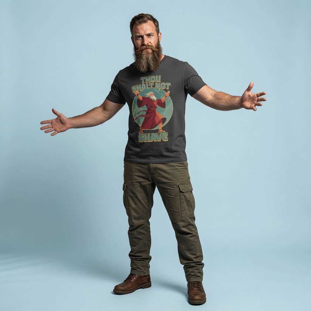 Bearded man standing with arms outstretched while wearing a black Thou Shalt Not Shave t-shirt featuring a Moses graphic, funny and witty mens beard design