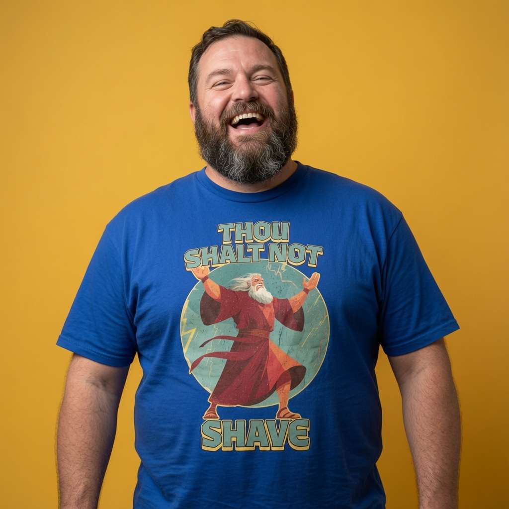 Man laughing while wearing a blue Thou Shalt Not Shave t-shirt, funny mens witty beard graphic design that every cheeky lad will claim
