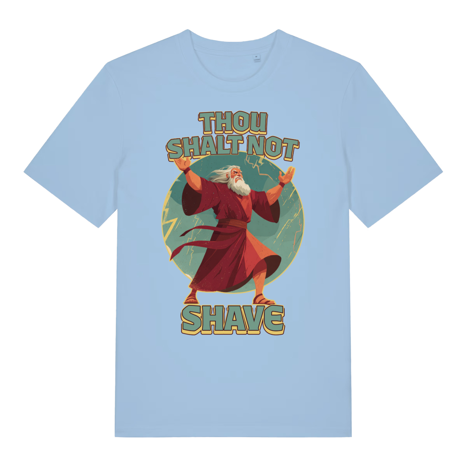 Light blue Thou Shalt Not Shave men’s funny graphic t-shirt with witty Moses shalt not shave design  
