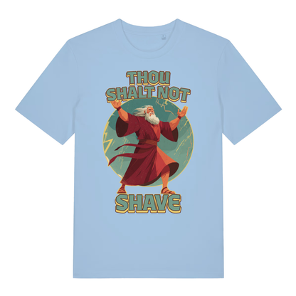 Light blue Thou Shalt Not Shave men’s funny graphic t-shirt with witty Moses shalt not shave design  