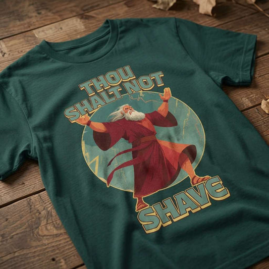 Glazed green Thou Shalt Not Shave t-shirt laid flat on a wooden surface showing the full Moses graphic, witty mens funny beard design full of pure attitude