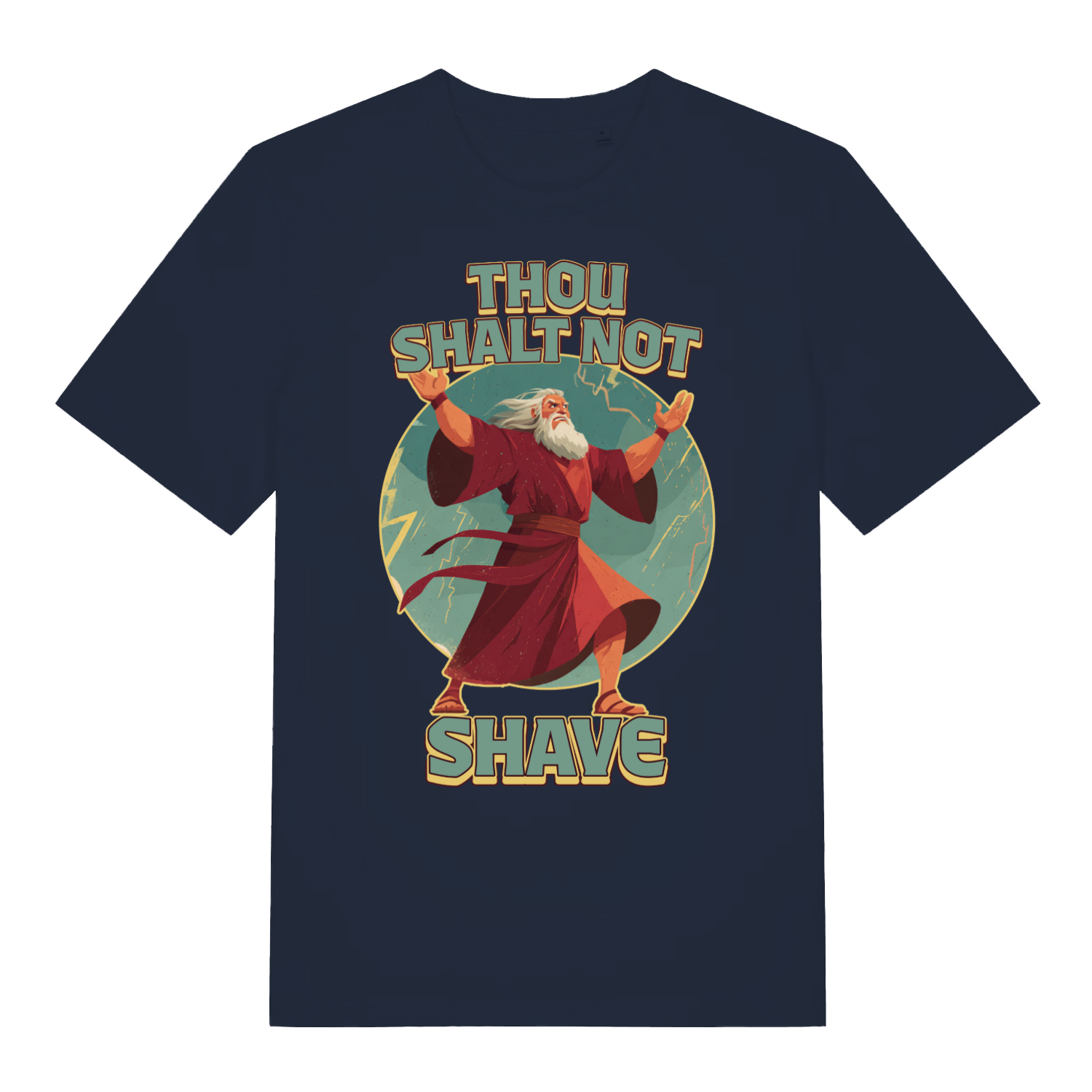 Navy Thou Shalt Not Shave men’s funny graphic t-shirt featuring ultimate beard protection print  