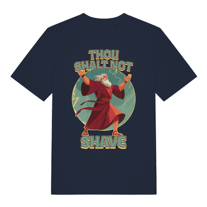 Navy Thou Shalt Not Shave men’s funny graphic t-shirt featuring ultimate beard protection print  