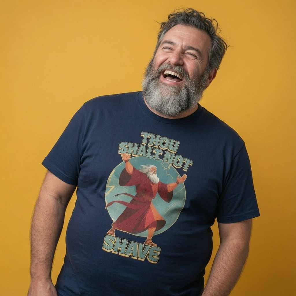 Man laughing with his head tilted while wearing a navy Thou Shalt Not Shave t-shirt, humorous mens witty ten commandments beard graphic design full of pure attitude