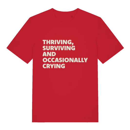 Red Thriving Surviving Occasionally Crying women’s funny slogan t-shirt featuring ultimate everyday chaos graphic  