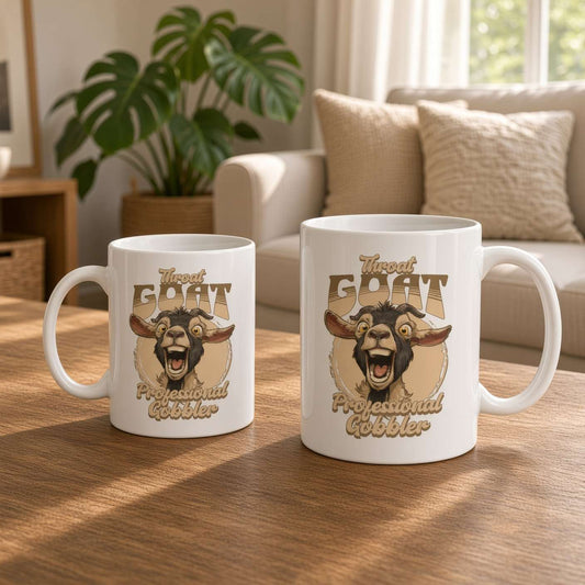 Two white mugs on a sunlit wooden table feature a cartoon goat and the words “Greatest Goat Professional Gobbler,” creating a playful, cozy feel.
