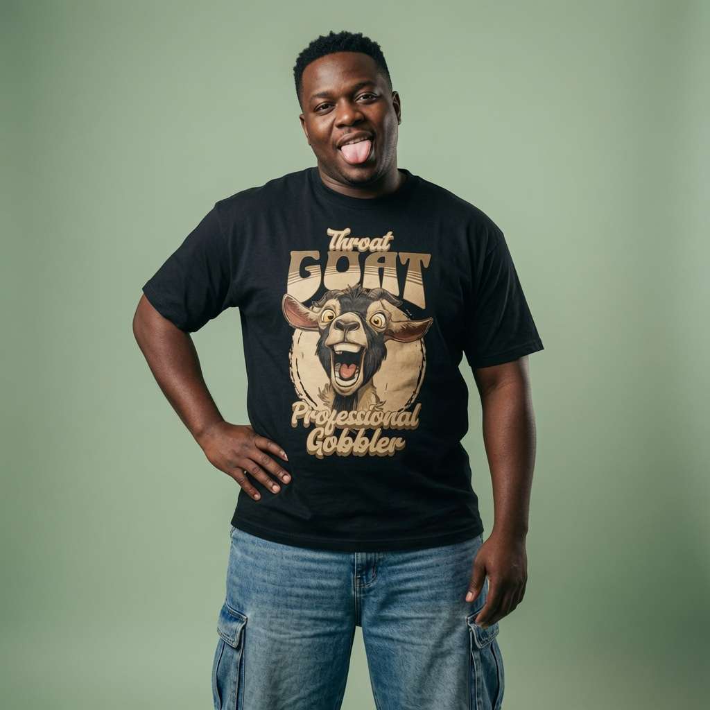 Man sticking his tongue out with one hand on his hip while wearing a black Throat Goat Professional Gobbler t-shirt, funny and offensive goat pun graphic shirt full of pure attitude