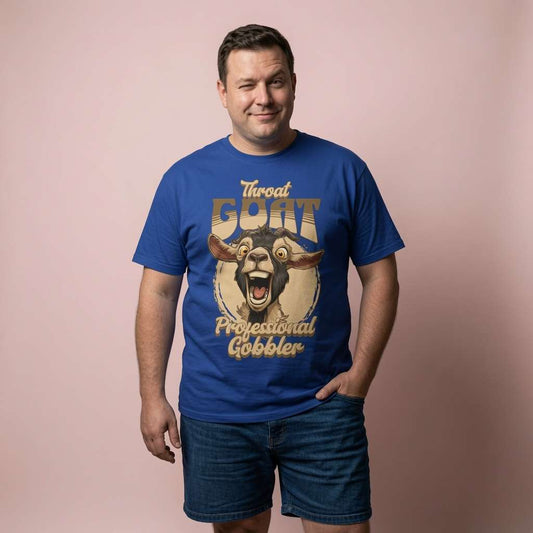 Man winking with one hand in his pocket in a blue Throat Goat Professional Gobbler t-shirt, funny mens rude and silly goat pun graphic shirt that every cheeky lad will claim