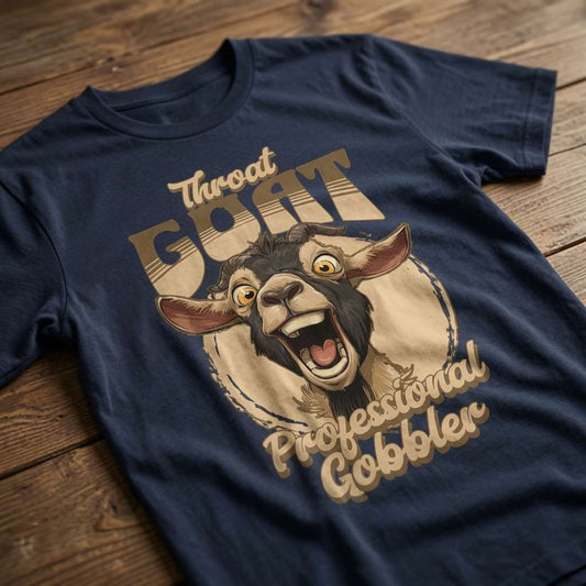 Navy Throat Goat Professional Gobbler t-shirt laid flat on a wooden surface featuring a cartoon goat graphic, witty and offensive animal pun mens design