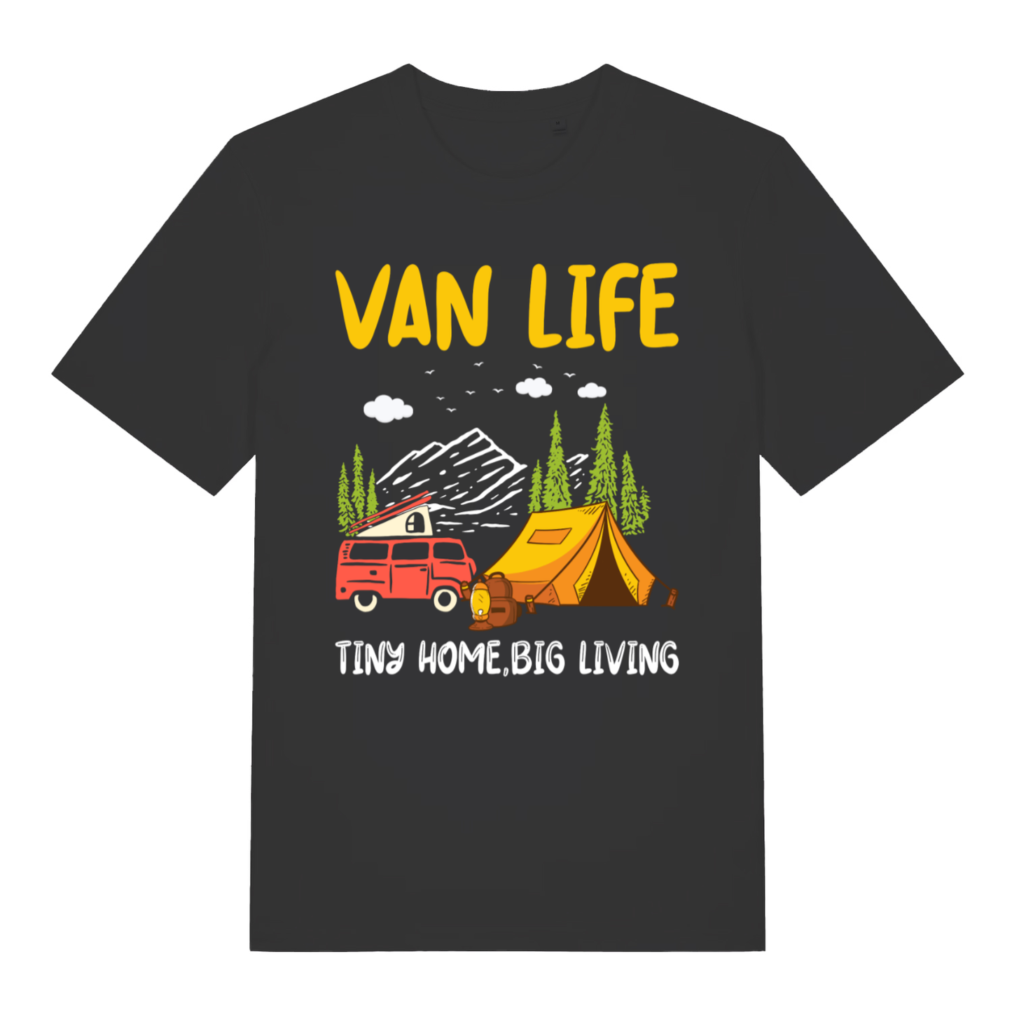 Black Van Life men’s funny graphic t-shirt with campervan and tent design  