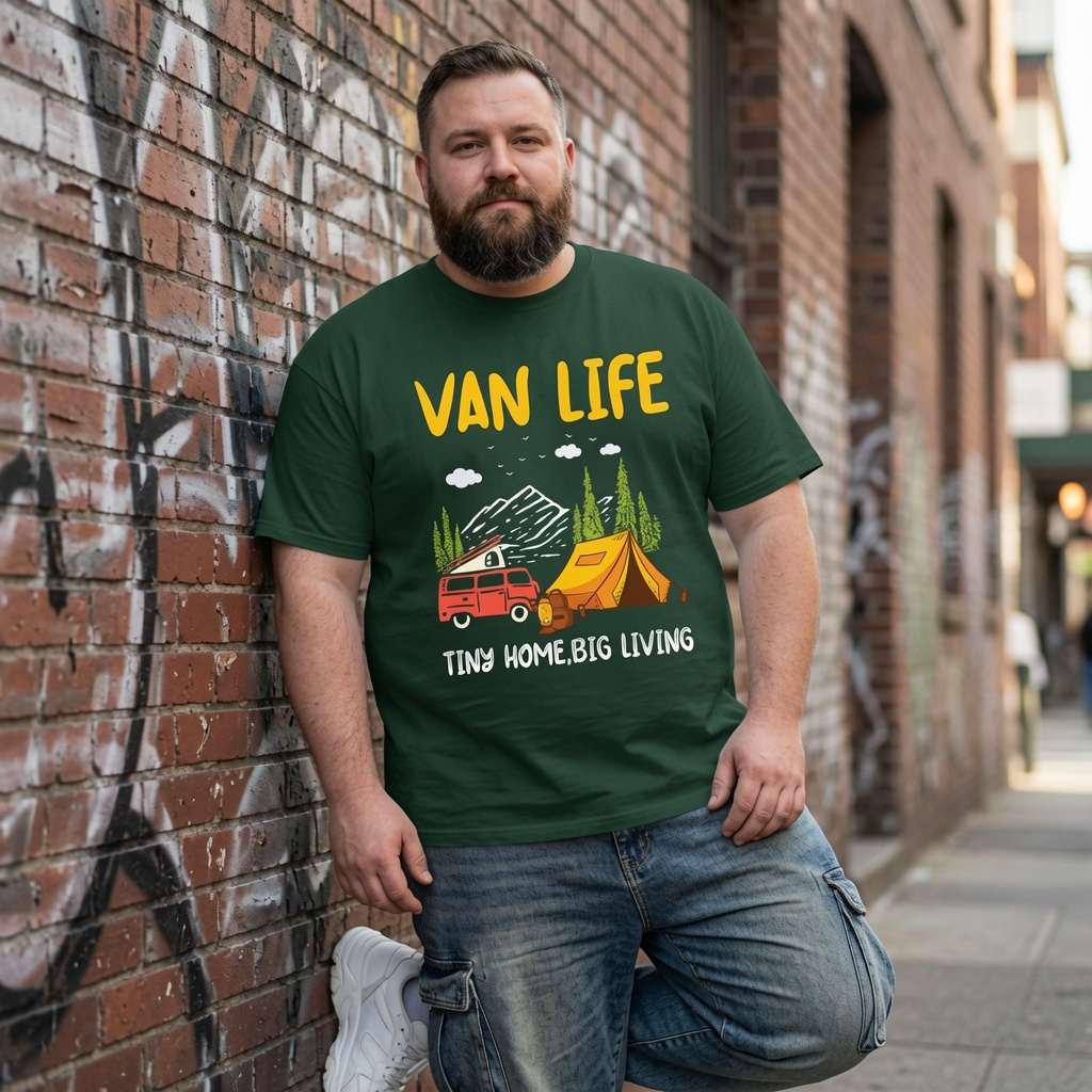 Bearded man leaning against a brick wall while wearing a green Van Life Tiny Home Big Living t-shirt with a camper van and tent graphic, camping camp site mens gift shirt