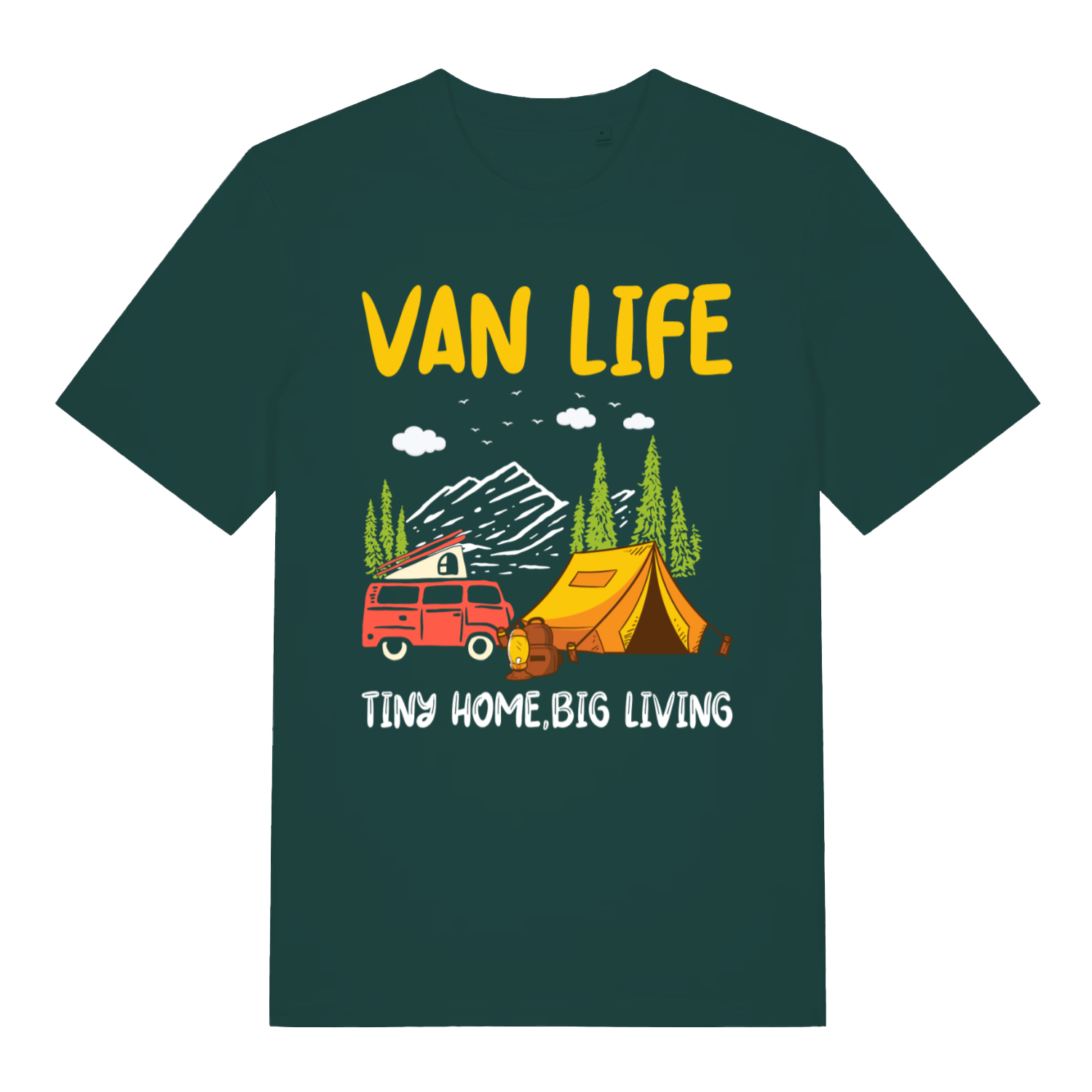 Green Van Life men’s funny graphic t-shirt with witty camping campervan scene  