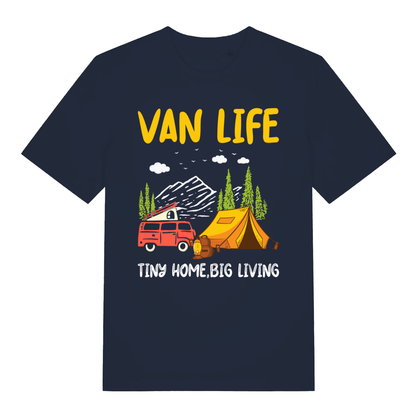 Navy Van Life men’s funny graphic t-shirt with cheeky tiny home big living design  
