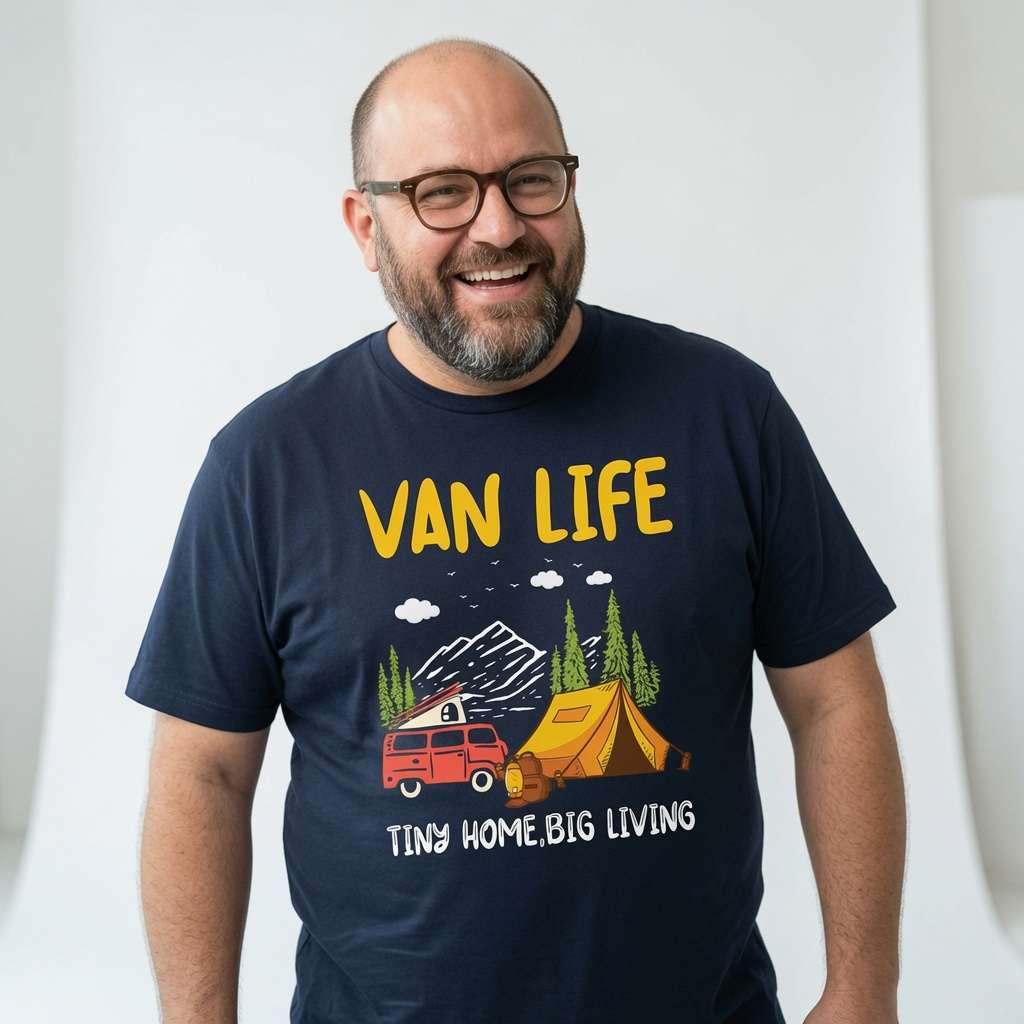 Bald man with glasses smiling while wearing a navy Van Life Tiny Home Big Living t-shirt, mens camper van camping camp site graphic design full of pure attitude