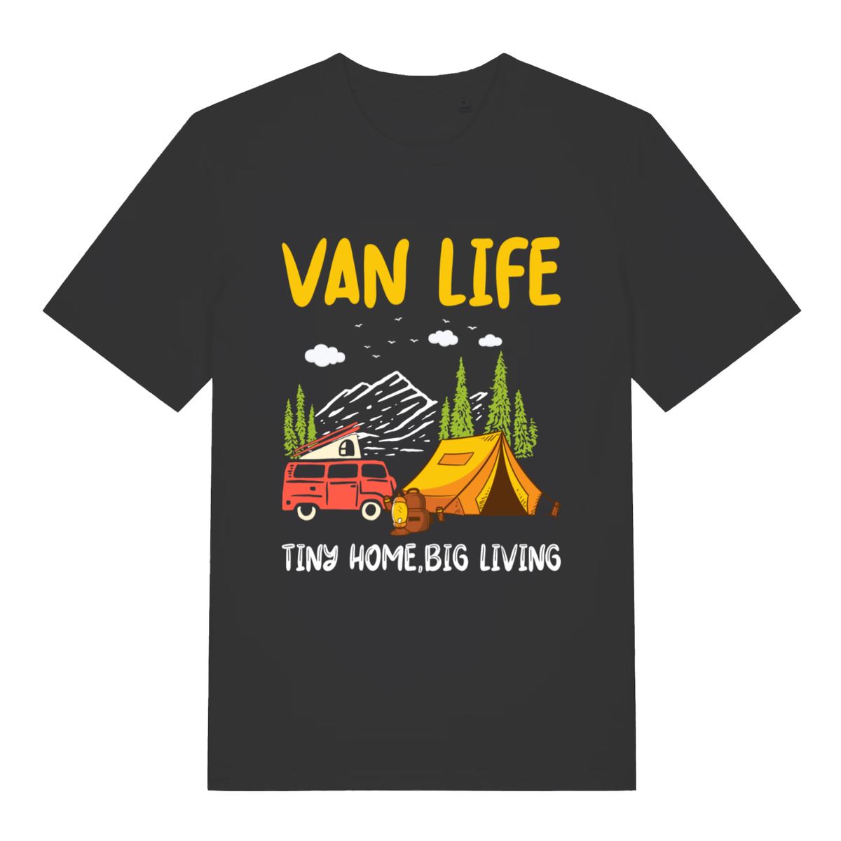 Black Van Life women’s funny graphic t-shirt with campervan and tent design  