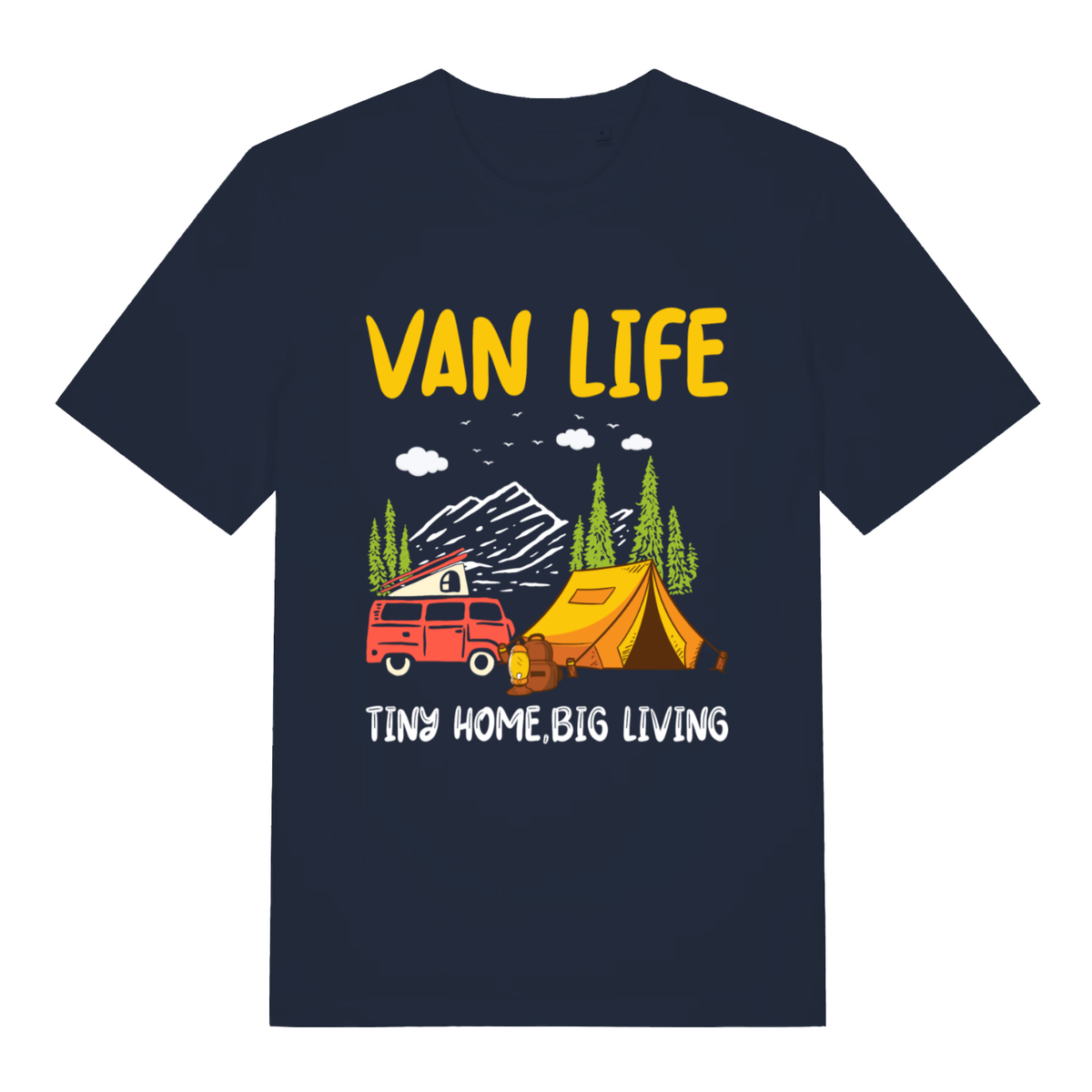 Navy Van Life women’s funny graphic t-shirt showing bold van life outdoor graphic  