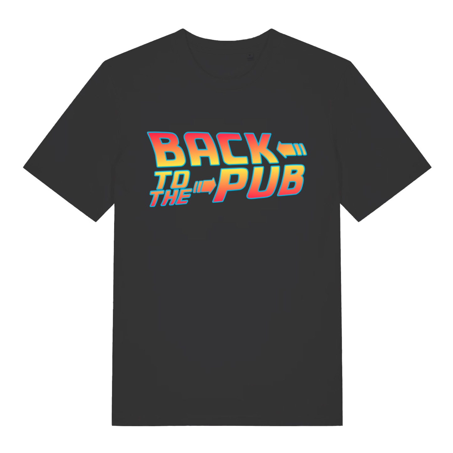 Black Back To The Pub men’s funny slogan t-shirt with retro film inspired design  