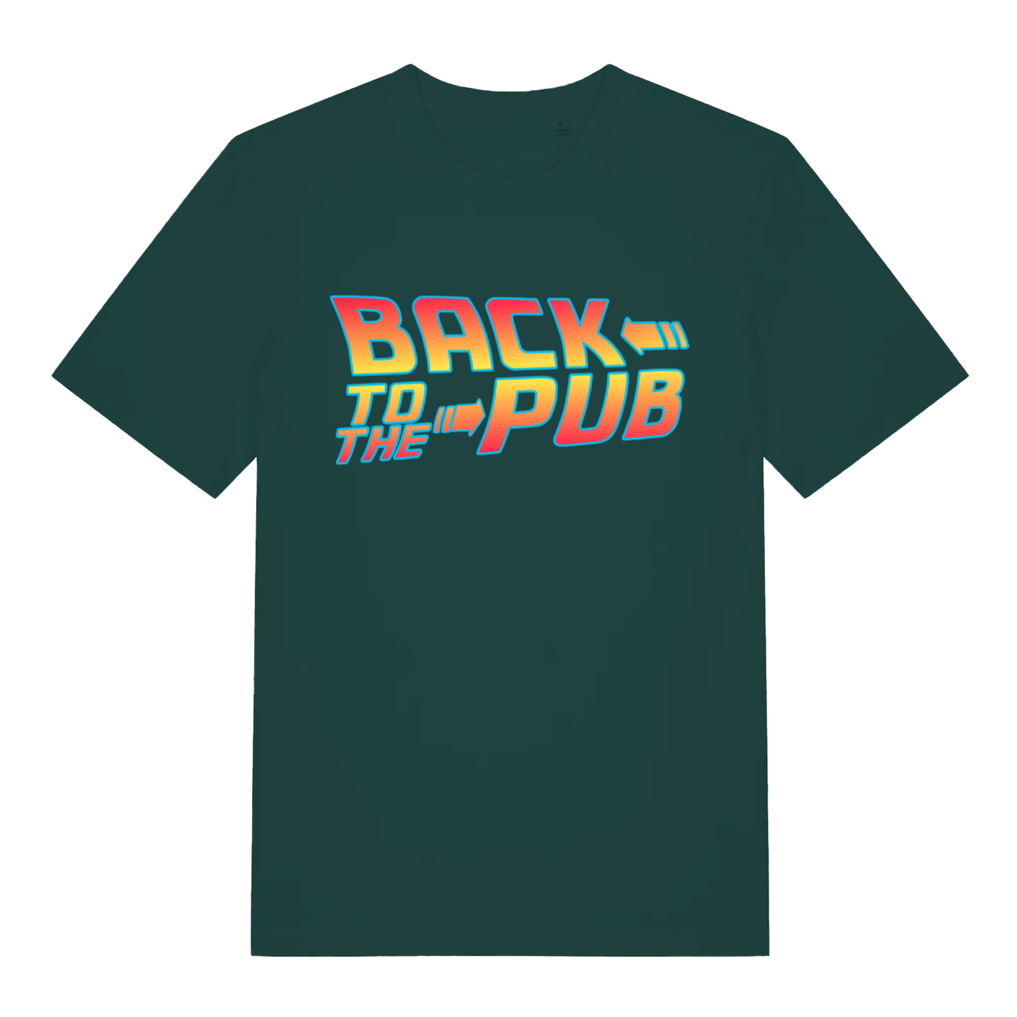 Green Back To The Pub men’s funny slogan t-shirt featuring classic time travel pub banter print  