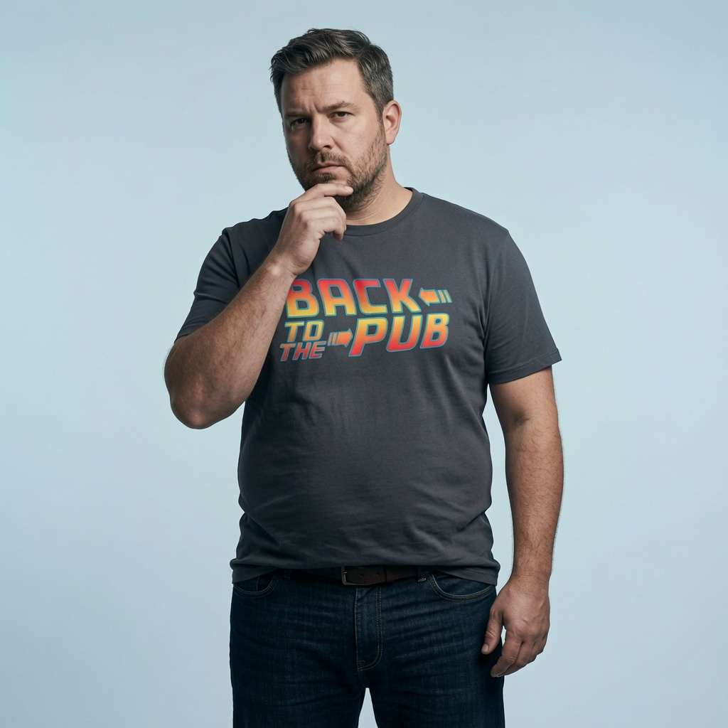 Man with one hand on his chin while wearing an ink grey Back to the Pub t-shirt, mens funny dad pub banter slogan gift shirt that every cheeky lad will claim