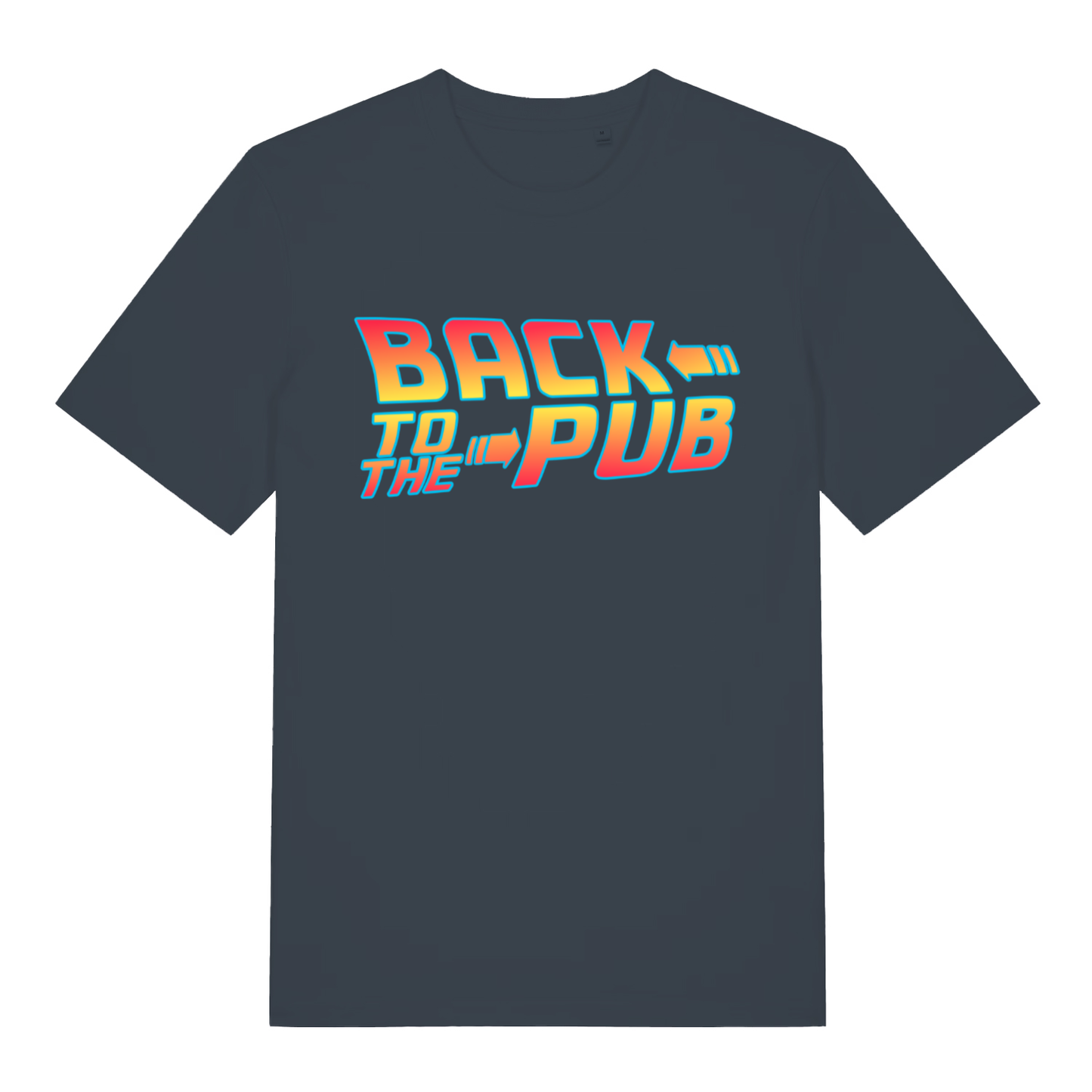 Ink grey Back To The Pub men’s funny slogan t-shirt with witty film style pub text  