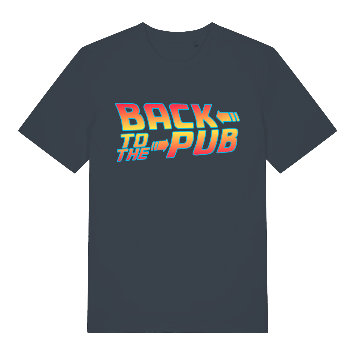 Ink grey Back To The Pub men’s funny slogan t-shirt with witty film style pub text  
