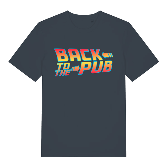 Ink grey Back To The Pub men’s funny slogan t-shirt with witty film style pub text  