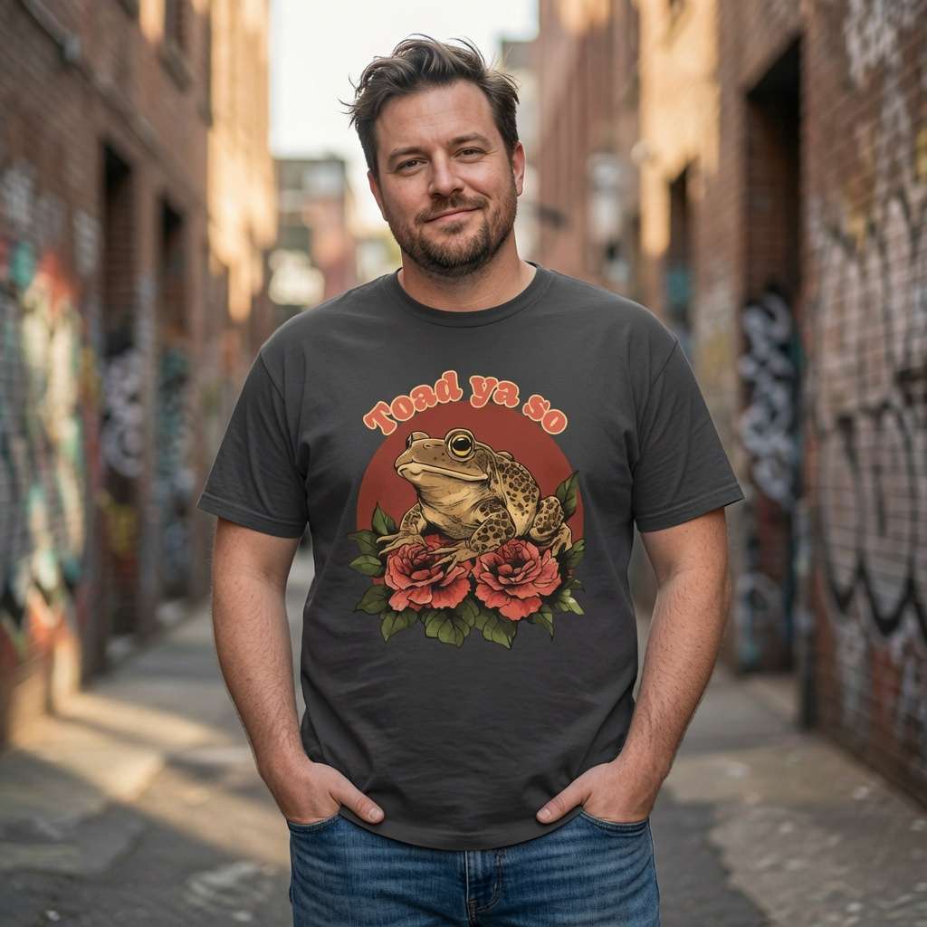 Man standing with hands in his pockets outdoors while wearing a black Toad Ya So t-shirt featuring a toad on roses graphic, funny frog design full of pure attitude