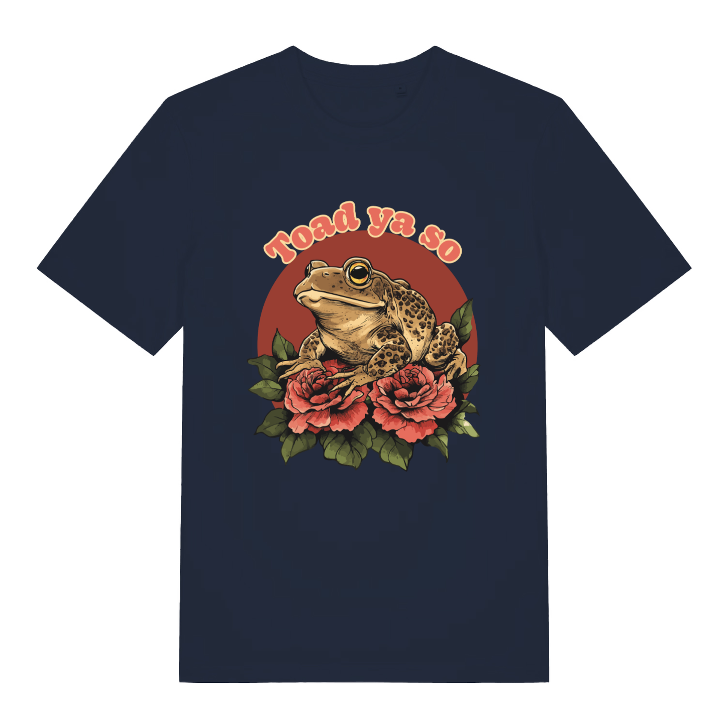 Navy Toad Ya So men’s funny graphic t-shirt showing classic toad among roses design  