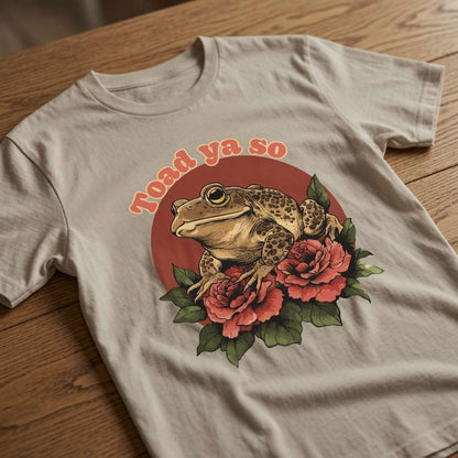 Stone Toad Ya So t-shirt laid flat on a wooden surface with the cool toad on roses design, mens fun animal pun tee