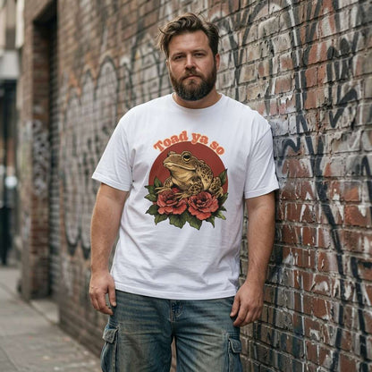 Man leaning against a brick wall while wearing a white Toad Ya So t-shirt, animal pun shirt that every cheeky lad will claim