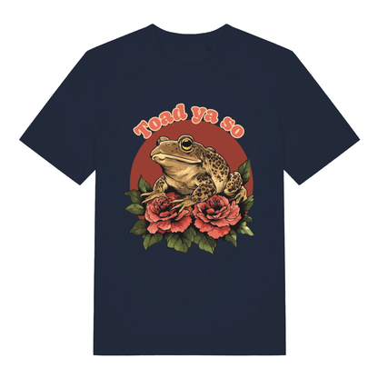 Navy Toad Ya So women’s funny graphic t-shirt showing classic toad among roses design  
