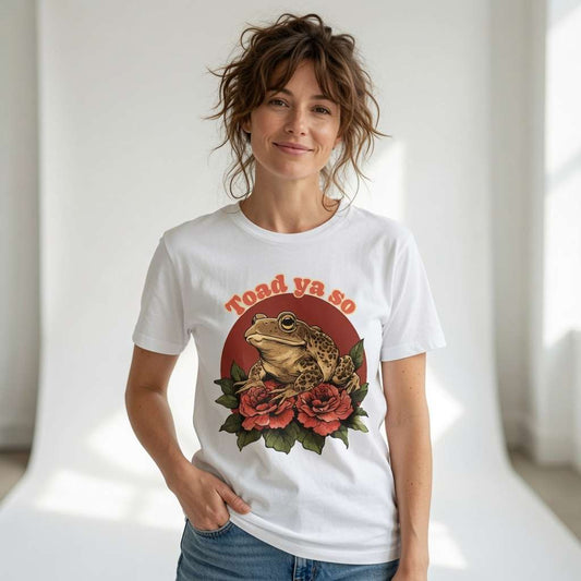 Woman smiling with one hand in her pocket while wearing a white Toad Ya So t-shirt featuring a toad on roses graphic, witty toad pun tattoo design ladies shirt