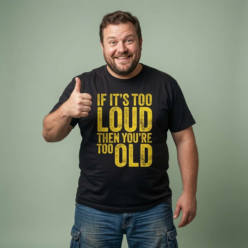 Man giving a thumbs-up while wearing a black If It’s Too Loud Then You’re Too Old t-shirt, funny slogan tee full of pure attitude