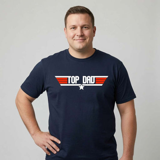 Man standing with both hands on his hips in a French navy Top Dad t-shirt, fun Fathers Day gift tee that every cheeky lad will claim