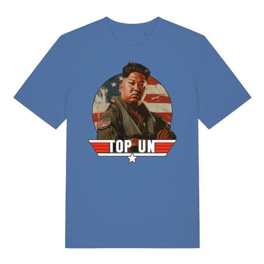 Bright blue Top Un men’s funny graphic t-shirt featuring witty political satire print  