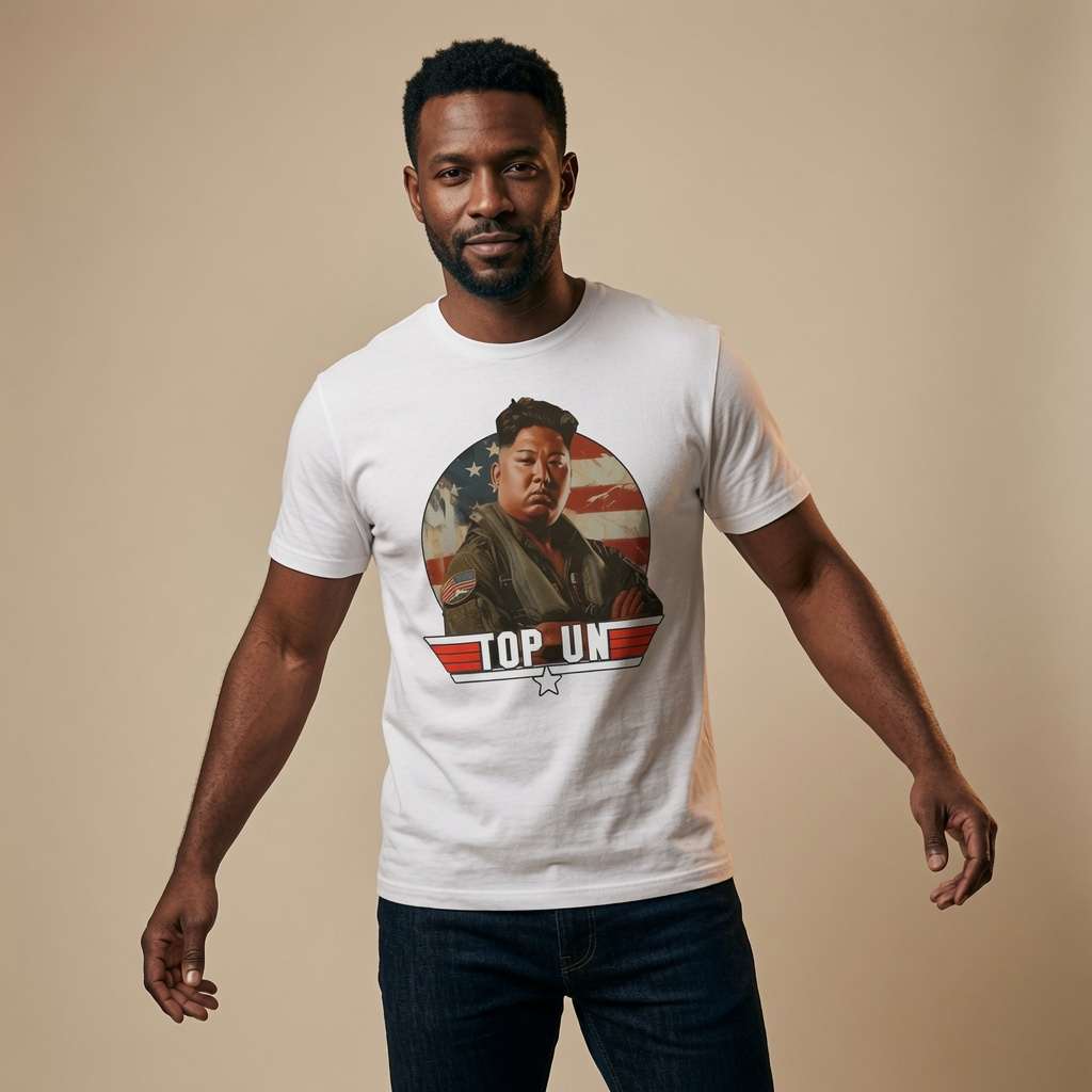 Man standing with arms slightly out while wearing a white Top Un t-shirt, funny witty mens satire parody tee that every cheeky lad will claim