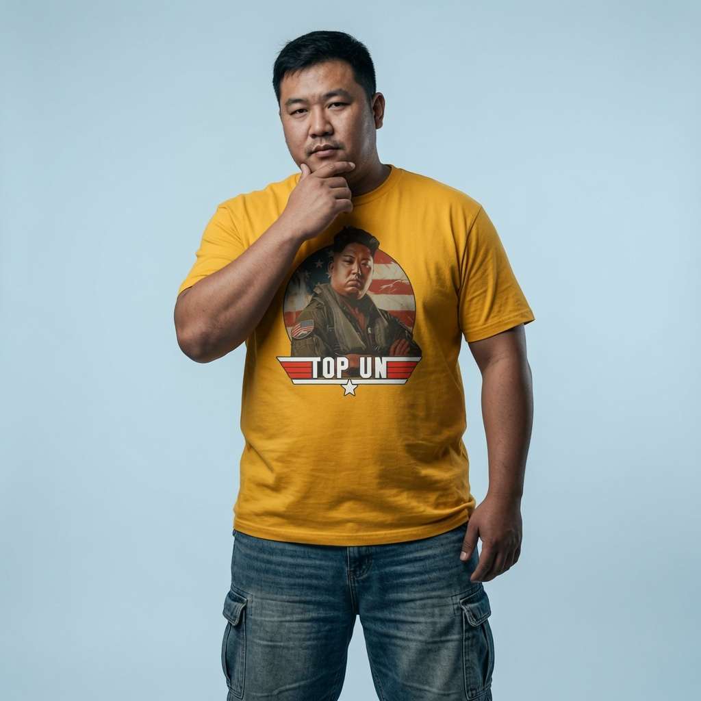 Man with one hand on his chin while wearing a yellow Top Un t-shirt featuring a Kim Jong Un Top Gun parody graphic, fun and witty mens satire design
