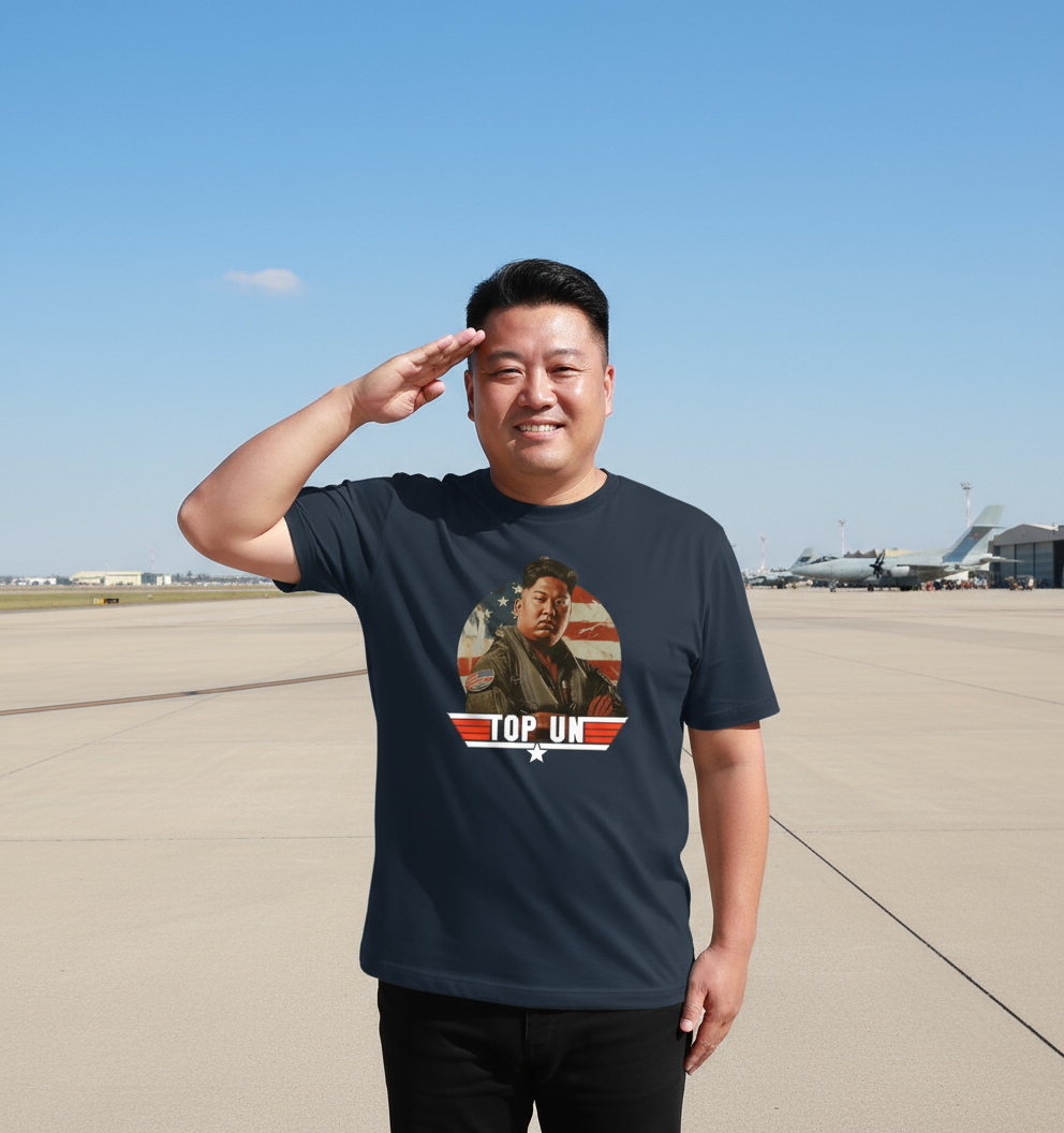 Man wearing a funny offensive t-shirt with a graphic design on an airport runway
